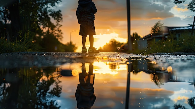 reflexo de uma criança em uma poça estilo documentário suave representação sonhosa atmosfera serena professi