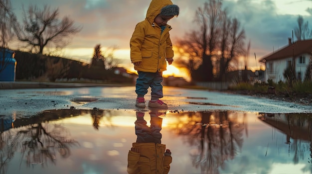 Foto reflexo de uma criança em uma poça estilo documentário suave representação sonhosa atmosfera serena professi