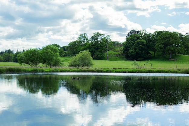 Foto reflexo do céu na natureza do lago no verão