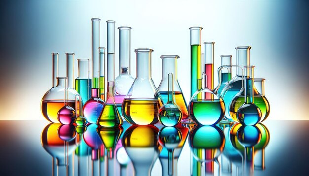 Reflexões coloridas de frascos de química