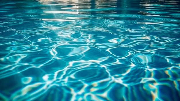 Reflexões da luz solar brilhante na superfície da água azul na IA generativa de fundo da piscina