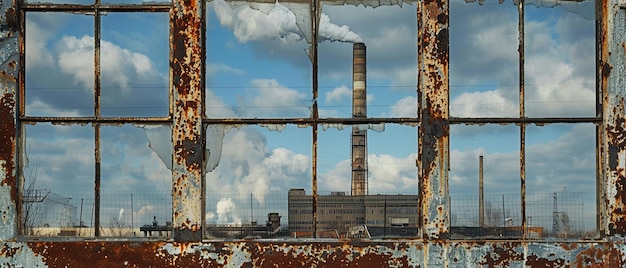 Reflexões de chaminés de usinas de energia através da estrutura enferrujada de uma janela industrial