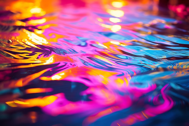 Reflexões de luz líquida por ondas de água de néon