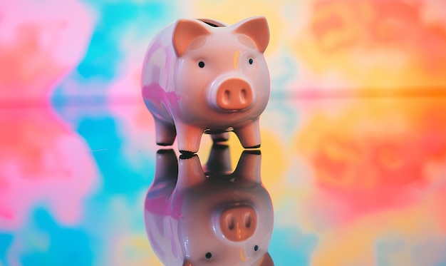 Foto reflexões de moedas fotos do piggy bank em superfície refletora