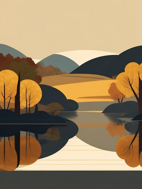 Reflexões de outono Paisagem com lago no estilo da pintura a óleo