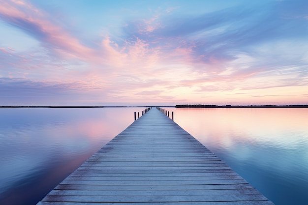 Reflexões do Blue Lake Sunset Pier com dois cais de madeira à beira da água