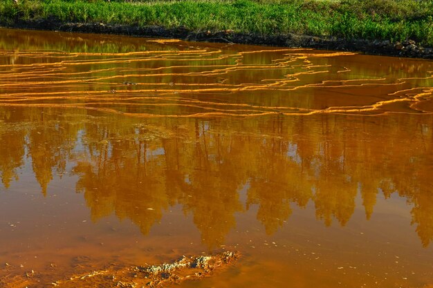 Reflexões douradas nas águas ácidas do Rio Tinto