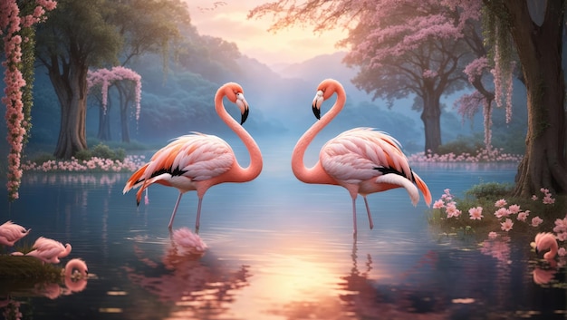 Reflexões encantadas Flamingos majestosos num refúgio de conto de fadas