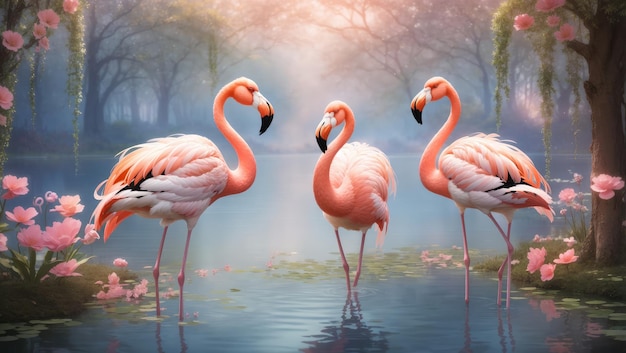 Reflexões encantadas Flamingos majestosos num refúgio de conto de fadas