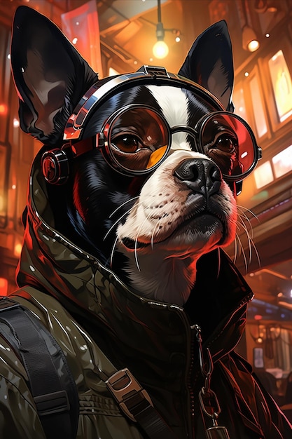 Reflexões Futuras Cyberpunk Boston Terrier em Neon Cityscape