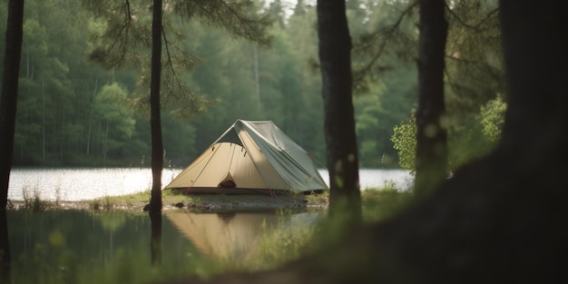 Reflexões matinais Uma barraca no lago da floresta no acampamento Dawn