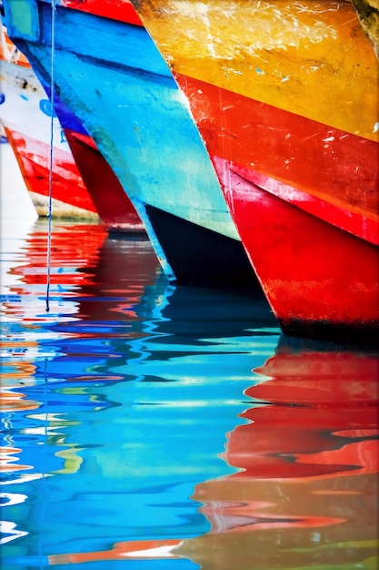 Reflexões multicoloridas de barcos de pesca no porto de fundo de cor brilhante Sri Lanka