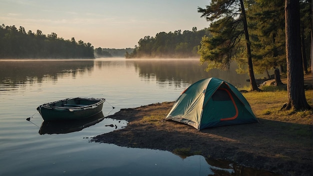 Foto reflexões na água em um acampamento de verão: arte digital gerada pela ia