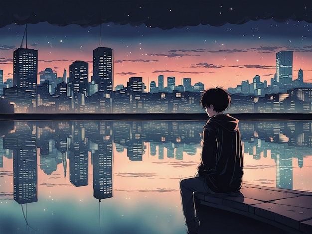 Reflexões noturnas lofi manga papel de parede de uma cena triste, mas bonita, com paisagem urbana