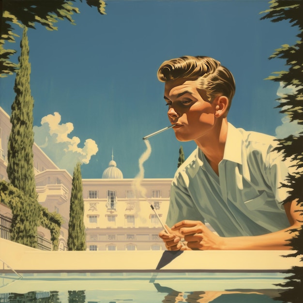Foto reflexões rebeldes uma aventura de desenho animado retro de um adolescente dos anos 50 fumando no roosevelt hotel