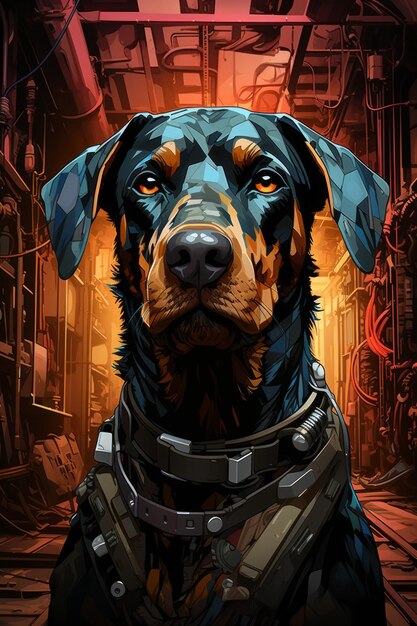 Reflexões sobre o futuro O pensativo Doberman em Neon Cyberpunk