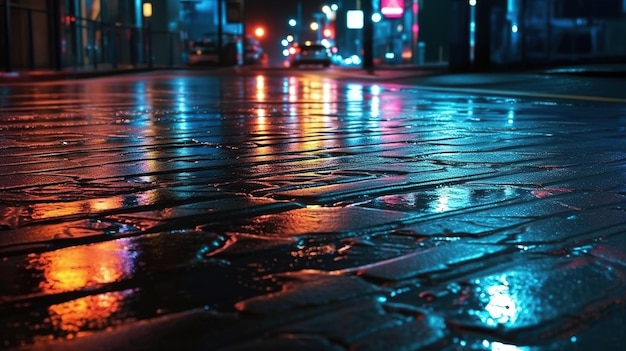 Reflexões urbanas de luzes neon em textura de asfalto molhado IA generativa