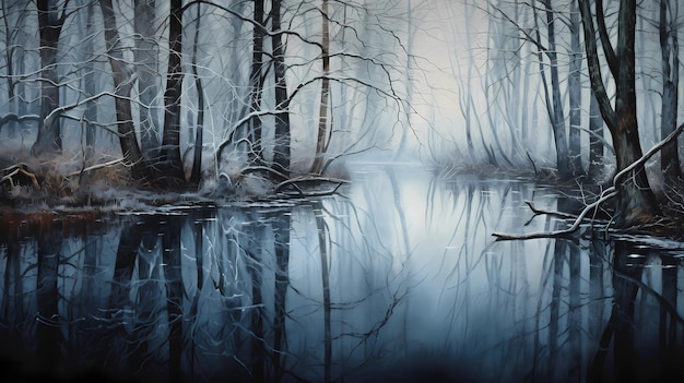 Reflexos de árvores de inverno num lago calmo