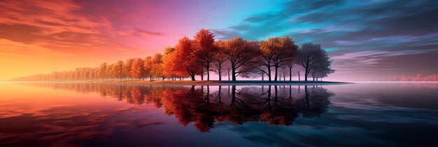 reflexos de árvores e o céu em águas calmas com os tons de pêssego fuzz criando uma cena serena e reflexiva