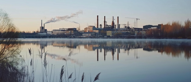 Reflexos de chaminés industriais refletidos num lago sereno