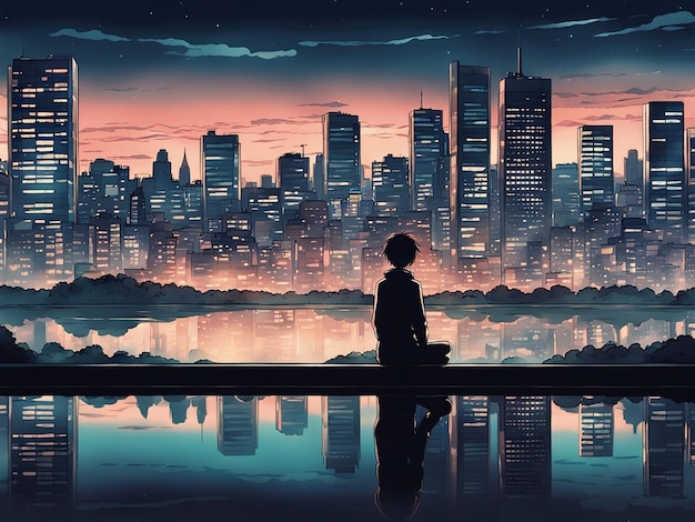 Reflexos noturnos lofi manga papel de parede de uma cena triste, mas bonita com paisagem urbana