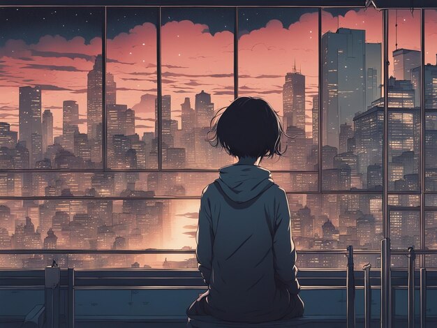Foto reflexos noturnos lofi manga papel de parede de uma cena triste, mas bonita com paisagem urbana