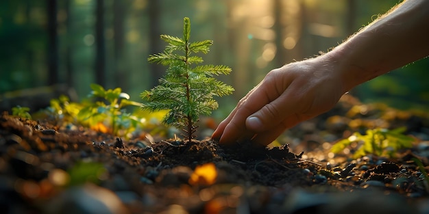 Reflorestação e reabilitação ambiental Plantar um pinheiro em uma floresta Conceito Florestal Conservação ambiental Plantar árvores Práticas ecológicas Paisagismo sustentável