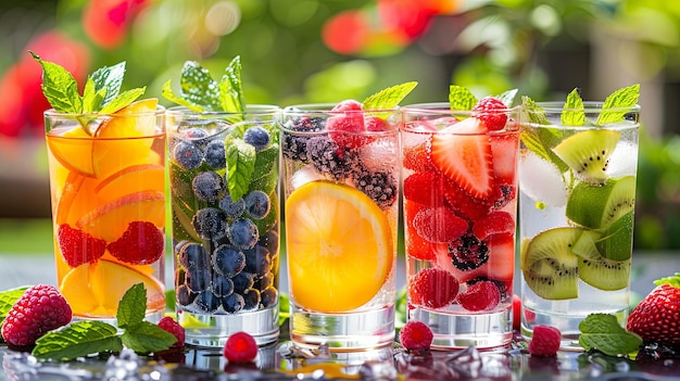 Refrescante agua con frutas de verano en el jardín