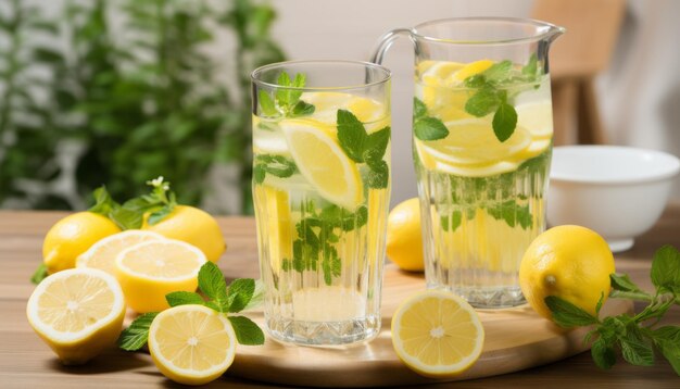 Refrescante agua con infusión de limón y lima en vasos tradicionales en un mostrador blanco de la cocina