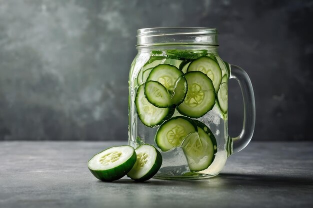 El refrescante agua de pepino en el frasco de Mason