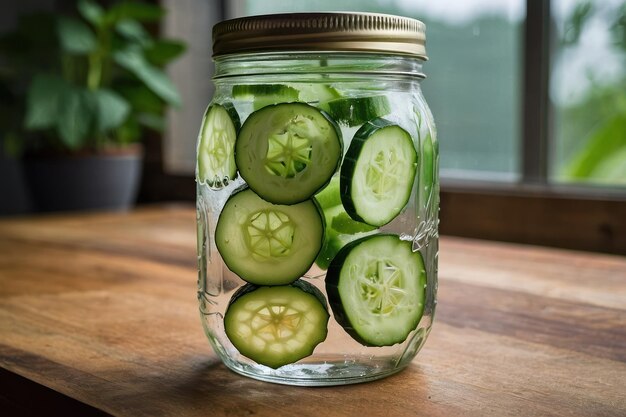 Foto el refrescante agua de pepino en el frasco de mason