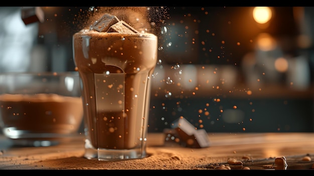 Refrescante batido de chocolate helado en un vaso de cacao salpicaduras de fondo café borroso perfecto para el verano IA