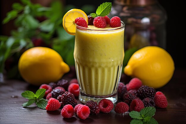 Refrescante batido de energía vibrante en un vaso rodeado de coloridas frutas jugosas