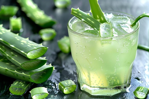 Una refrescante bebida de aloe vera con pedazos de aloe