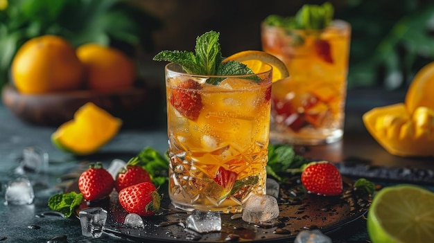 Una refrescante bebida de frutas en un vaso alto