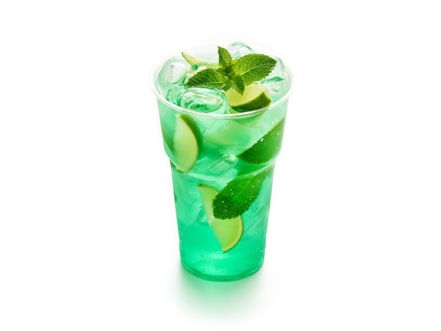 Refrescante bebida gaseosa, mojito o limonada con menta fresca y lima en vaso de plástico, menú de entrega de comida rápida, cóctel de dieta saludable, concepto de bebida no alcohólica de desintoxicación de verano