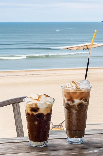 Refrescante bebida láctea congelada en la playa