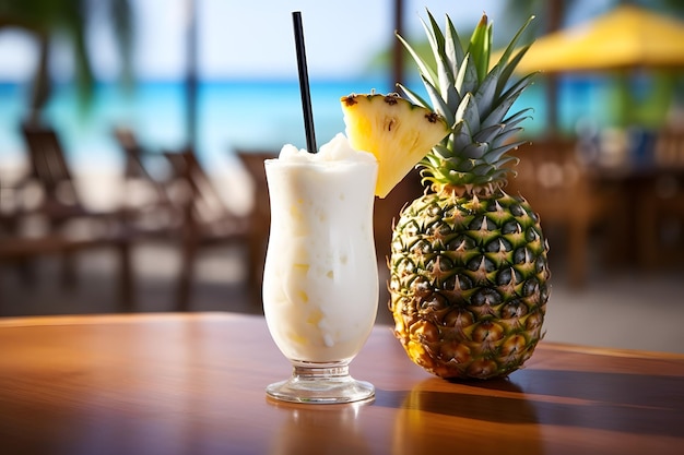 Refrescante bebida de piña tropical en la mesa Imagen de stock para vibraciones de verano y exóticas