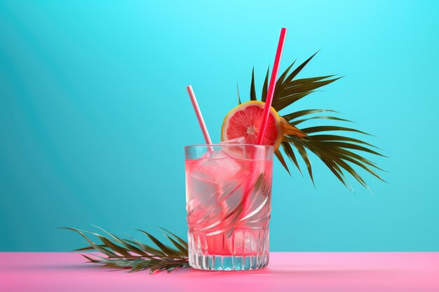 Foto una refrescante bebida rosa con dos pajitas y una rebanada de naranja