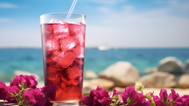 Refrescante bebida de verano con fresas, lima y menta en la playa