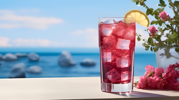 Refrescante bebida de verano con fresas, lima y menta en la playa