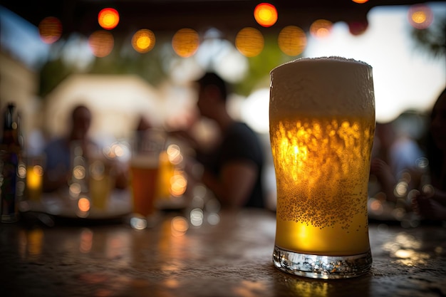 Refrescante cerveja gelada com espuma espumosa na mesa de vidro AI generativa