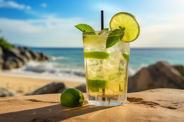 Refrescante cóctel brasileño Caipirinha en la playa