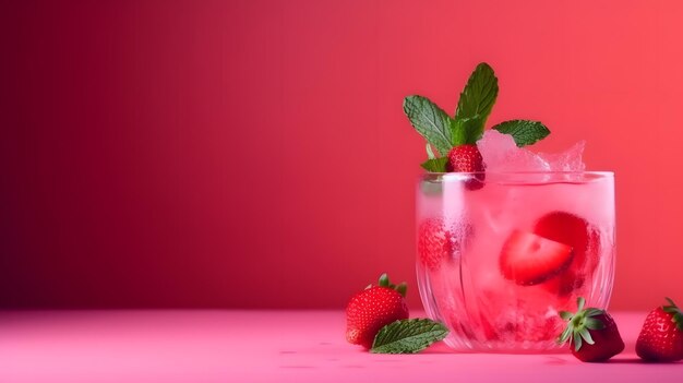 Refrescante cóctel con fresa y hielo sobre fondo rojo vibrante renderizado fotográfico de alta calidad