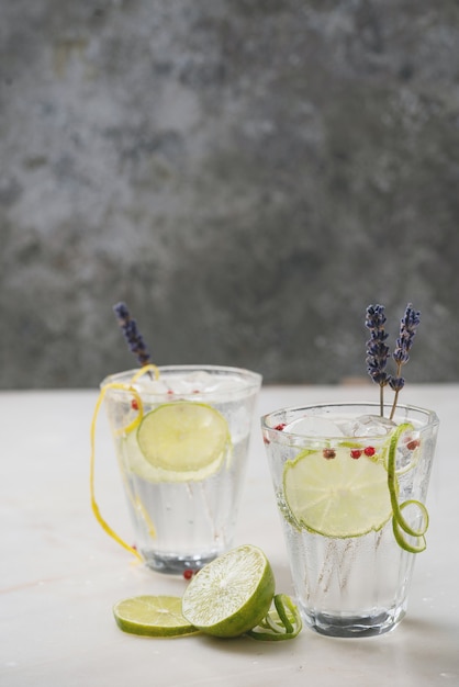 Refrescante cóctel de gin tonic servido con limón, hierbas, especias y hielo sobre el escritorio de mármol. Enfoque selectivo