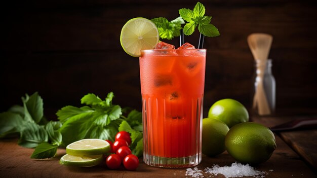 Un refrescante cóctel de jugo de tomate adornado con un palo de apio y una rebanada de lima perfecto para un