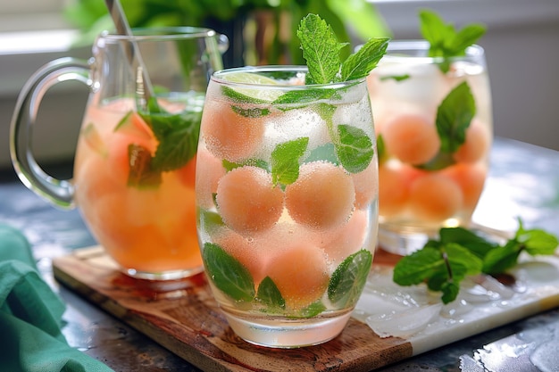 Refrescante cóctel de menta con bolas de melón en vasos