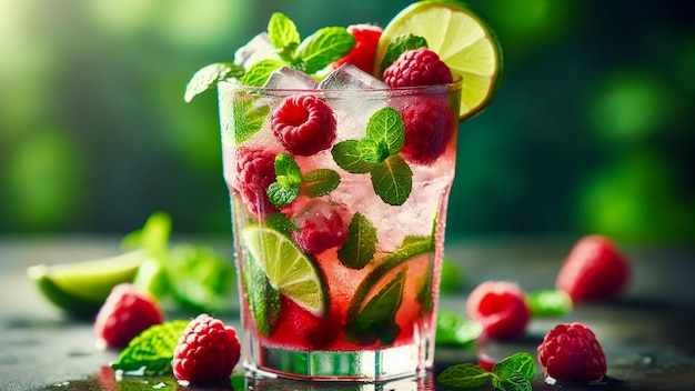 refrescante cóctel de mojito de frambuesa rico en color y sabor adornado con frambuesas vibrantes