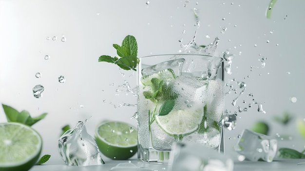 Refrescante cóctel de mojito en un salto de lima y agua una bebida fría en un día caluroso perfecto para anuncios de verano fotografía de alta velocidad IA