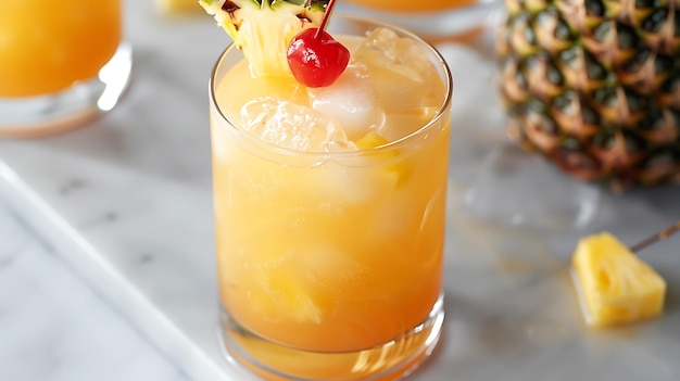 Refrescante cóctel de piña adornado con una cuña de cereza y piña